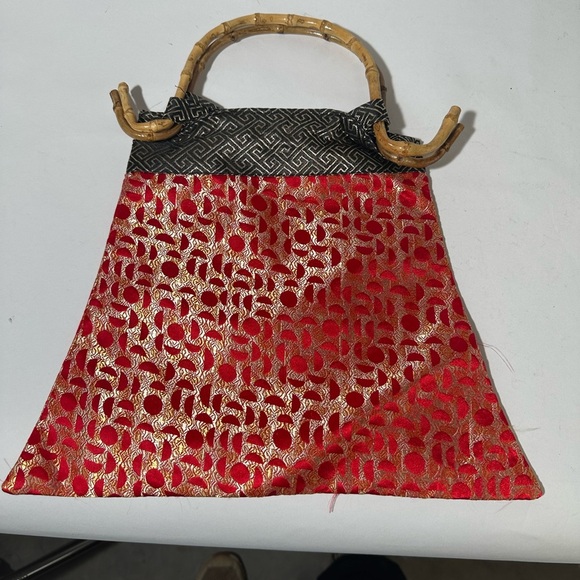 Red and Gold Geometric Tote with Bamboo Handle - Picture 2 of 4